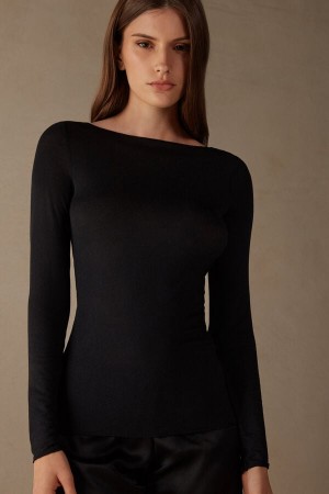 Black Intimissimi Boat Neck Modal Cashmere Ultralight Top | MCAFT55488