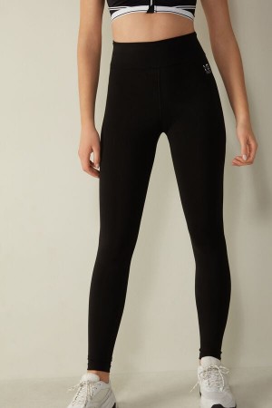 Black Intimissimi In Action Leggings in Organic Stretch Cotton | CAQAV87275