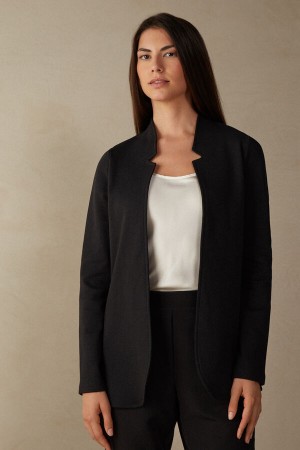 Black Intimissimi Long-Sleeved Cotton Interlock Cardigan | ECAVG13129