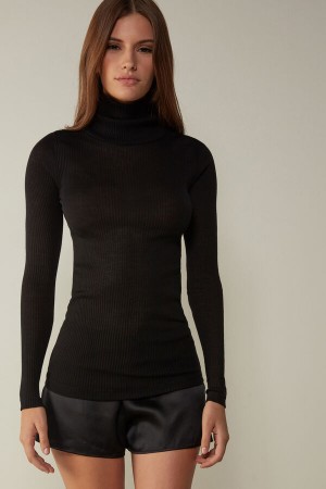 Black Intimissimi Long-sleeve High-Neck Tubular Top in Wool and Silk | CAZDE38277