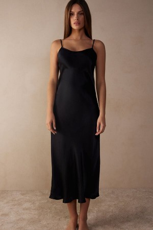 Black Intimissimi Midi-Length Slip in Silk | DCAVO40647