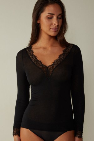 Black Intimissimi Modal Cashmere Ultralight Long Lace Shirt | CAZPD73314