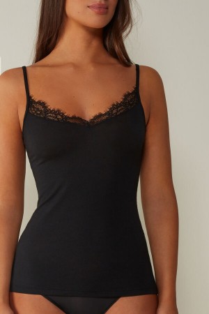 Black Intimissimi Modal Ultralight Cashmere Blend Top with Lace | CAEAH54908