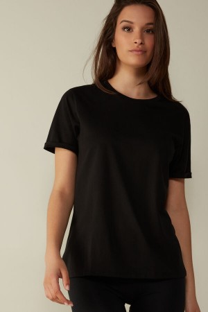 Black Intimissimi Short-Sleeved Supima® Cotton Top | DCAKV94034