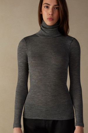 Grey Intimissimi Long-sleeve High-Neck Tubular Top in Wool and Silk | CAXMI89995