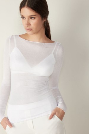 White Intimissimi Boat Neck Modal Cashmere Ultralight Top | DCAKV92921