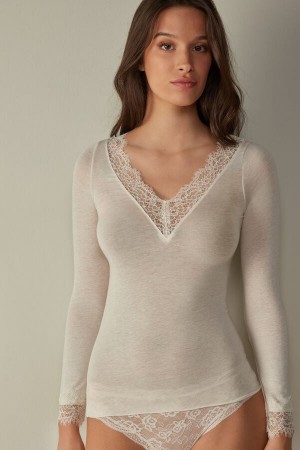 White Intimissimi Modal Cashmere Ultralight Long Lace Shirt | CAQAV69530