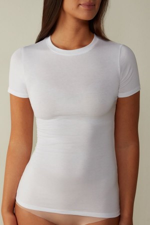 White Intimissimi Short-Sleeved Stretch Supima® Cotton Top | CAJKU74650