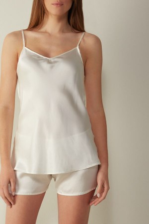 White Intimissimi Silk Satin Top with V-neckline | XCAGW24641