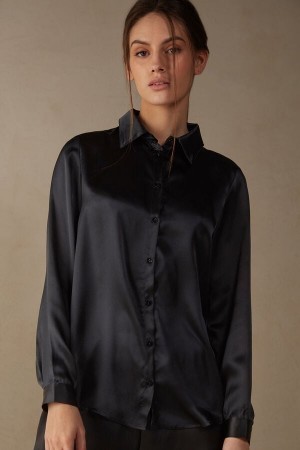 Black Intimissimi Long Sleeve Silk Shirt | CAEGJ41424