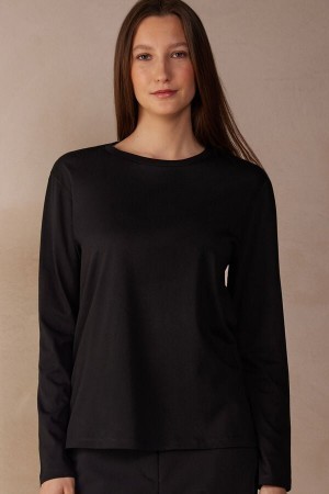 Black Intimissimi Oversized Long Sleeve Top in Supima® Cotton | MCAHR48944