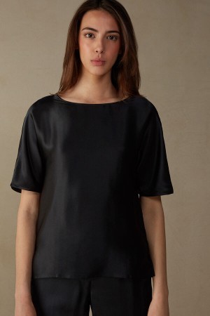 Black Intimissimi Short Sleeve Silk and Modal Top | XCAGW23014