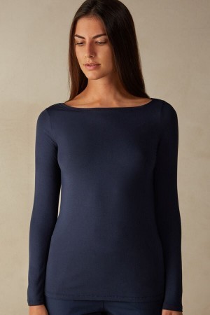 Blue Intimissimi Long Sleeve Bateau Neck Top in Micromodal | SCAVO13871