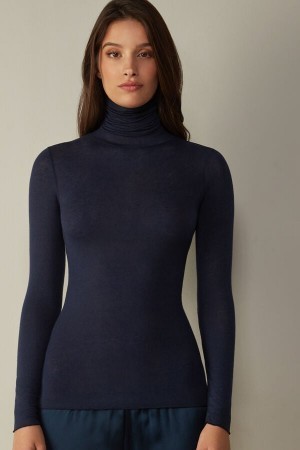 Blue Intimissimi Modal Cashmere Ultralight High-Neck Top | TCAPQ46615