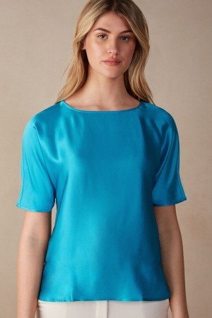 Blue Intimissimi Short Sleeve Silk and Modal Top | CANEJ10988