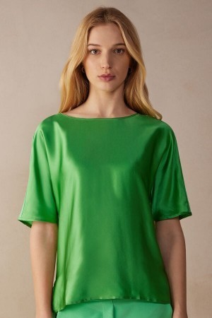 Green Intimissimi Short Sleeve Silk and Modal Top | CADFL21687