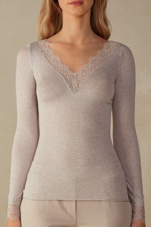 Natural Intimissimi Modal Cashmere Ultralight Long Lace Shirt | FCAUI60277