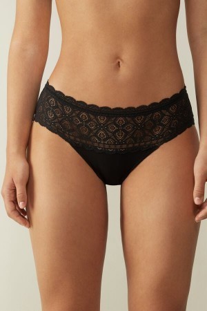 Black Intimissimi Lace and Cotton High Rise Panties | CAXMI93716