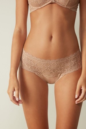 Natural Intimissimi Lace and Cotton High Rise Panties | CAJBT88256