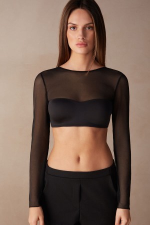 Black Intimissimi Long Sleeve Bra Top in Ultralight Microfiber and Tulle | PCAQX87578