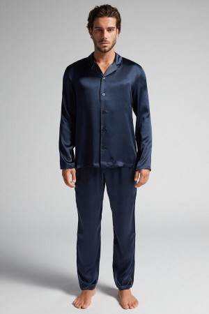 Blue Intimissimi Long Silk Piped Pajamas | GCAEC15210