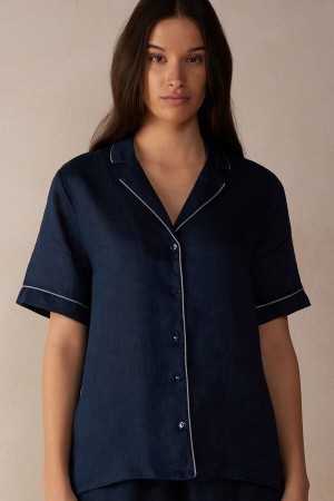 Blue Intimissimi Yacht Night Linen Short Sleeve Shirt | CACVG30409