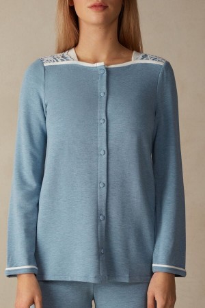 Light Blue Intimissimi Romantic Bedroom Button Up Top in Modal with Wool | FCAUI43093