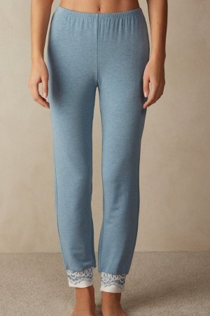 Light Blue Intimissimi Romantic Bedroom Cuffed Full Length Pants in Modal with Wool | SCANY42116