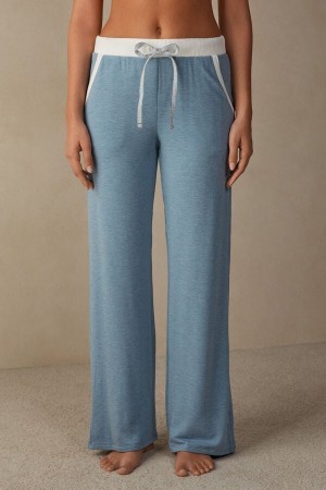 Light Blue Intimissimi Romantic Bedroom Contrast Trim Full Length Pants in Modal with Wool | YCAVQ79377