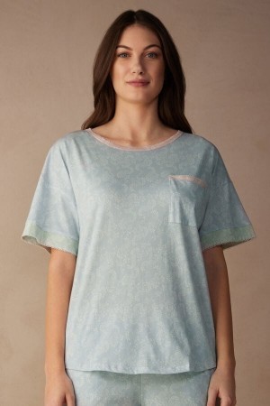 Light Blue Intimissimi Romantic Cashmere Short Sleeve Cotton Top | MCAFT59541