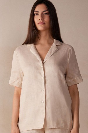 Natural Intimissimi Yacht Night Linen Short Sleeve Shirt | FCAHY21640