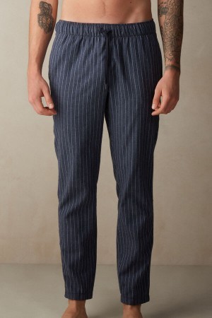 Blue Intimissimi Full Length Pants in Denim Pinstripe Patterned Brushed Cloth | CAJZR30286