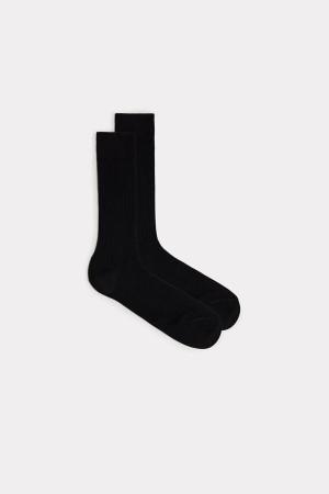 Black Intimissimi Short Ribbed Egyptian Cotton Socks | CAXBR68085