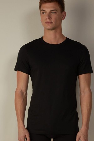 Black Intimissimi Short Sleeve Crew Neck T Shirt in Supima® Cotton | CACIF90905