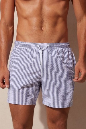 Blue Intimissimi Stripe Print Seersucker Swim Trunks | QCAWA28769