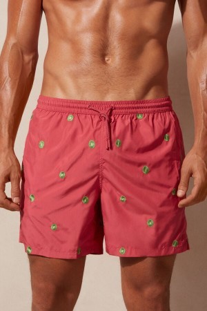 Red Intimissimi Embroidered Kiwi Swim Trunks | LCASX13823