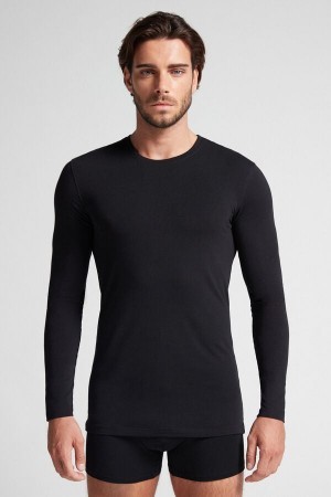 Black Intimissimi Long-Sleeve Stretch Supima Cotton Top | ZCAMJ60495