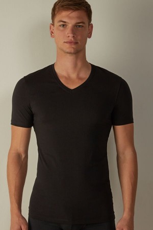 Black Intimissimi V-neck T-shirt in Stretch Supima® Cotton | LCASX74339