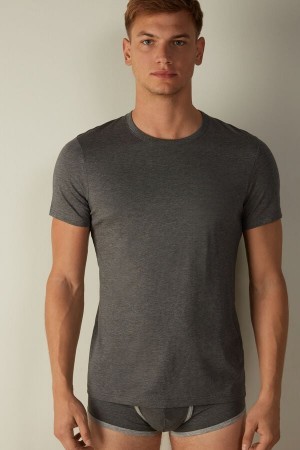 Dark Grey Intimissimi Short Sleeve Crew Neck T Shirt in Supima® Cotton | CANEJ70202