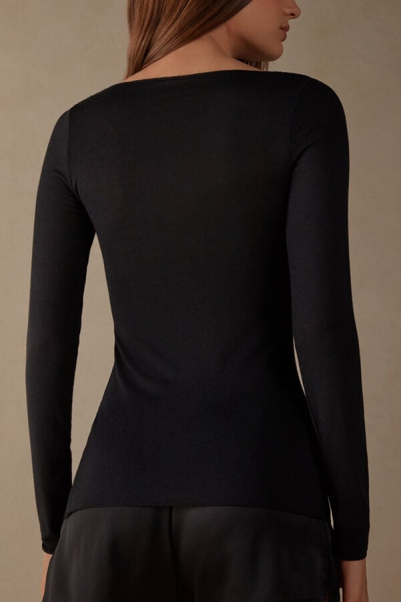 Black Intimissimi Boat Neck Modal Cashmere Ultralight Top | MCAFT55488