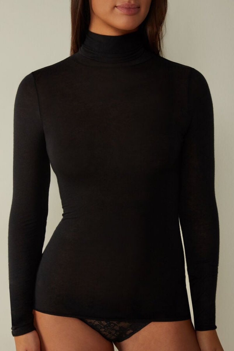 Black Intimissimi Modal Cashmere Ultralight High-Neck Top | PCAQX34795