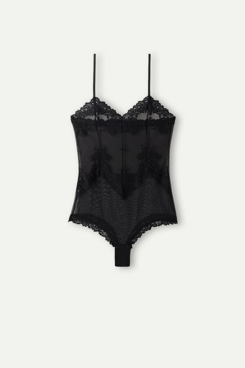 Black Intimissimi Pretty Flowers Tulle and Lace Bodysuit | FCAUI93597