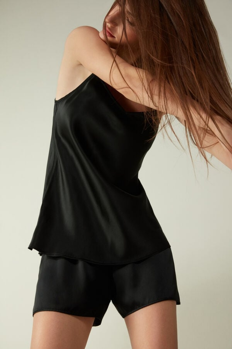 Black Intimissimi Silk Satin Top with V-neckline | DCAKV75048