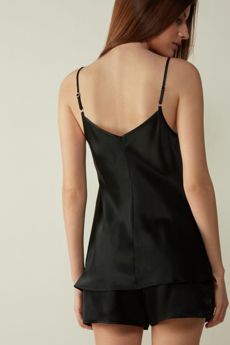 Black Intimissimi Silk Satin Top with V-neckline | DCAKV75048