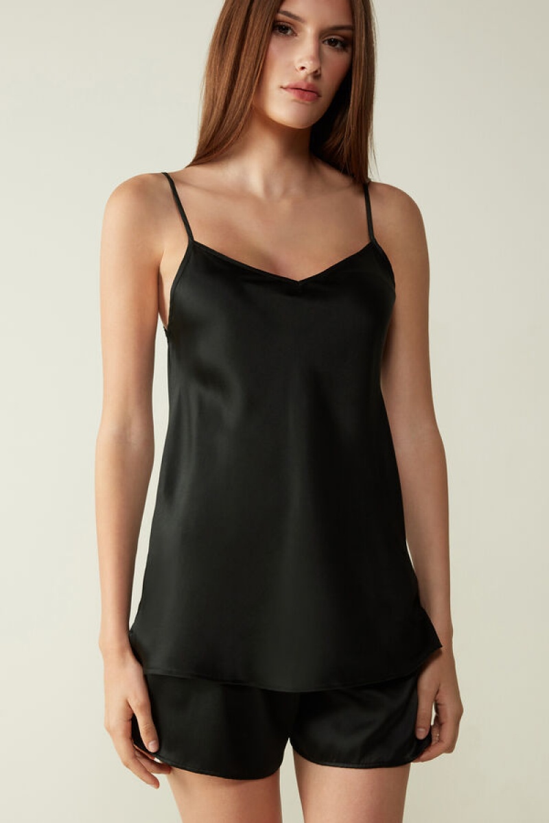 Black Intimissimi Silk Satin Top with V-neckline | DCAKV75048