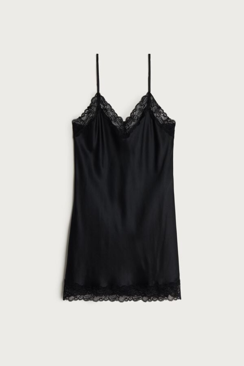 Black Intimissimi Silk Slip with Lace Insert Detail | UCAND29890