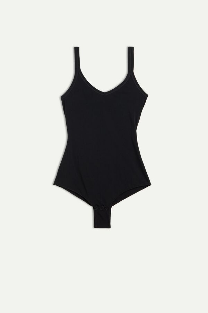 Black Intimissimi Tank Style Bodysuit in Supima® Ultralight Cotton | CANZX84308