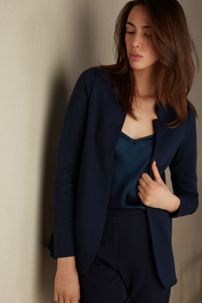 Blue Intimissimi Long-Sleeved Cotton Interlock Cardigan | PCAER84767