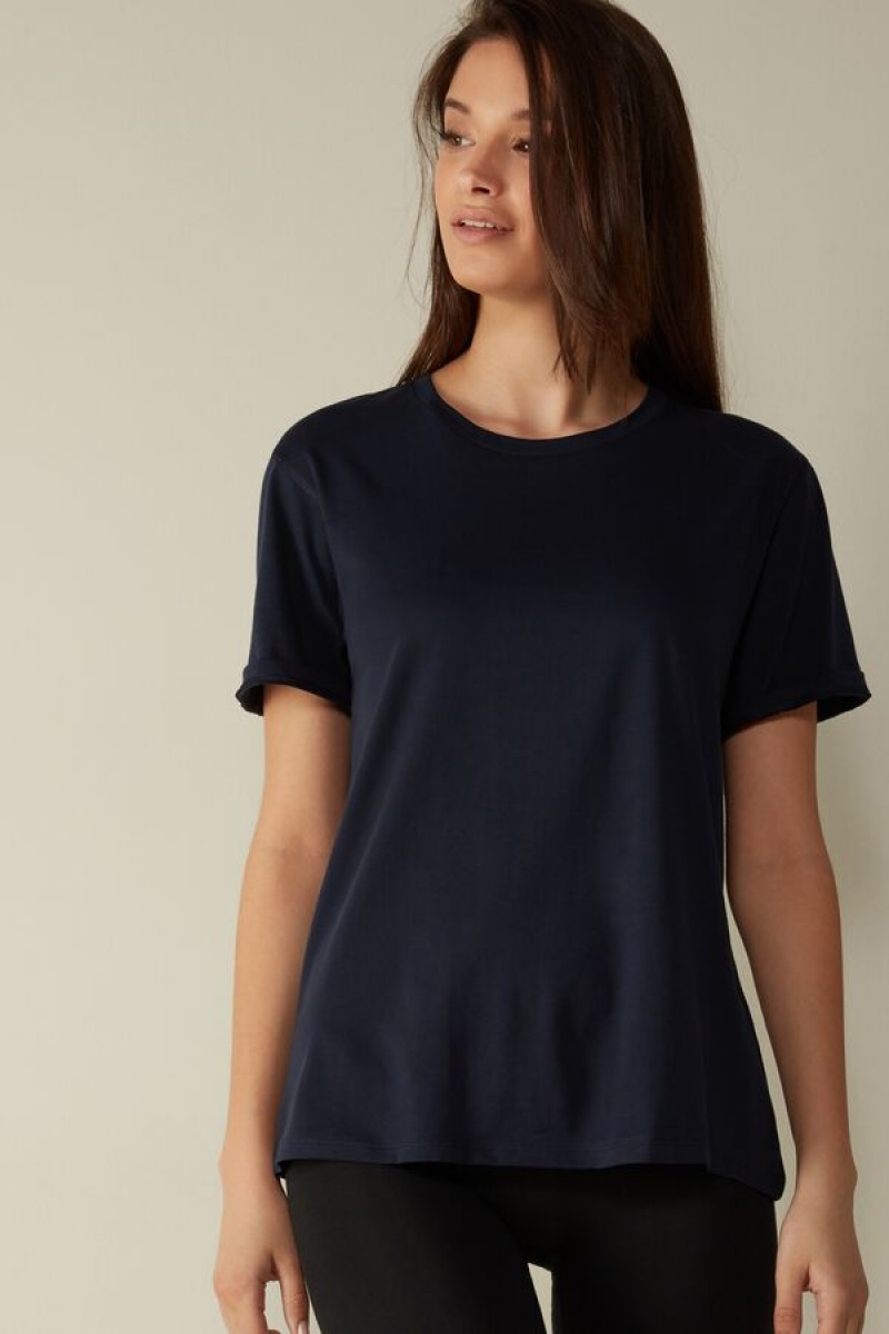 Blue Intimissimi Short-Sleeved Supima® Cotton Top | CAEAH44756