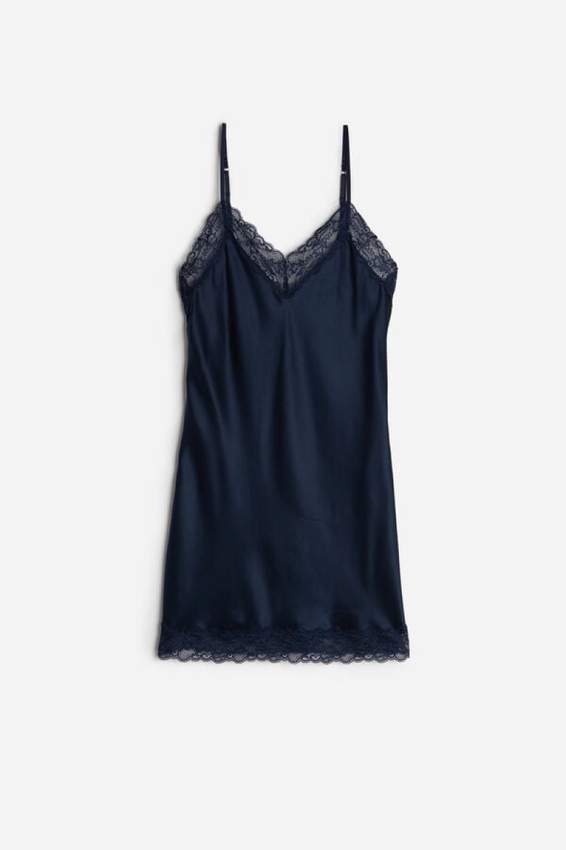 Blue Intimissimi Silk Slip with Lace Insert Detail | QCAUV24944